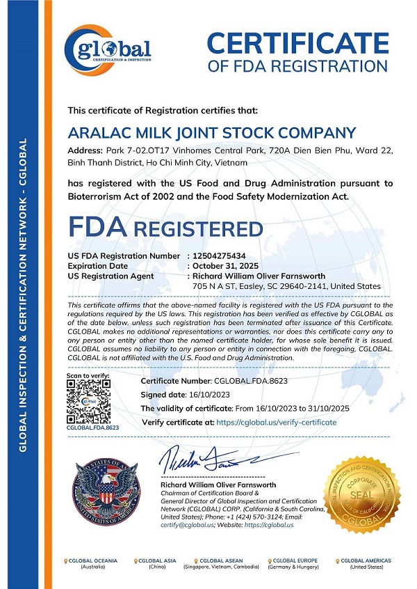 Giấy chứng nhận FDA Hoa Kỳ có nghĩa là Aralac đã đăng ký thông tin với FDA